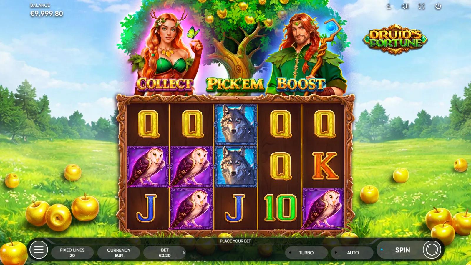 Druid's Fortune slot gameplay showing 5x3 forest grid with wolf and golden Yggdrasil tree symbols under Collect, Pick'em and Boost Guardians