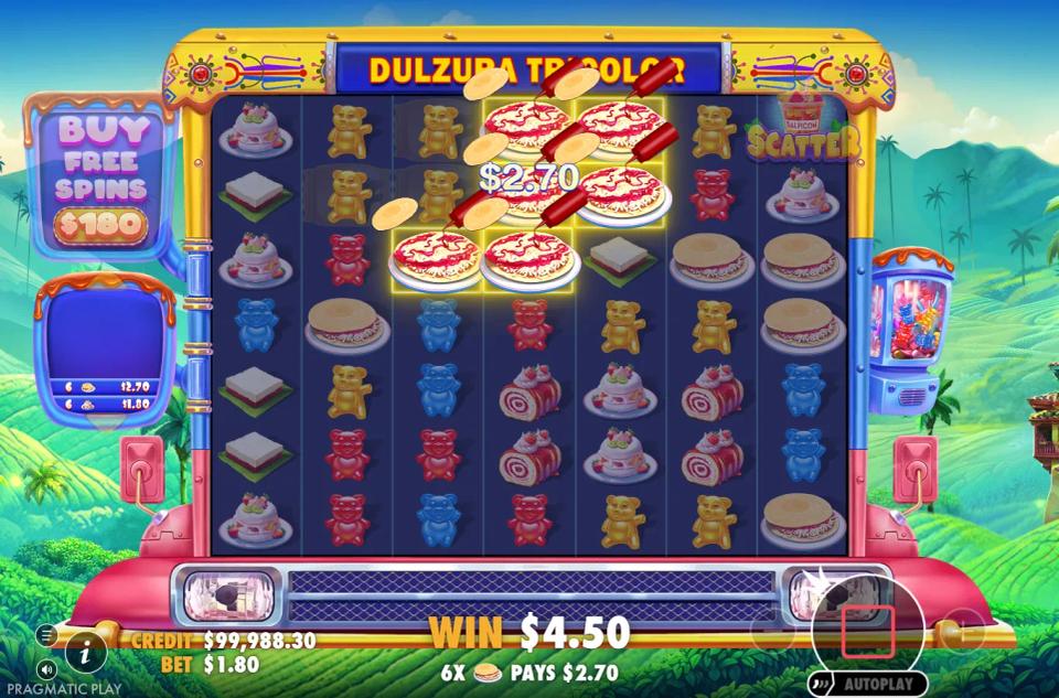 Dulzura Tricolor 7x7 cluster grid paying 4.50 on a 1.80 stake with a multiplier tile in the winning cluster