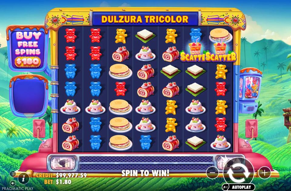 Two salpicon scatter symbols on the Dulzura Tricolor grid, one short of the three needed for free spins