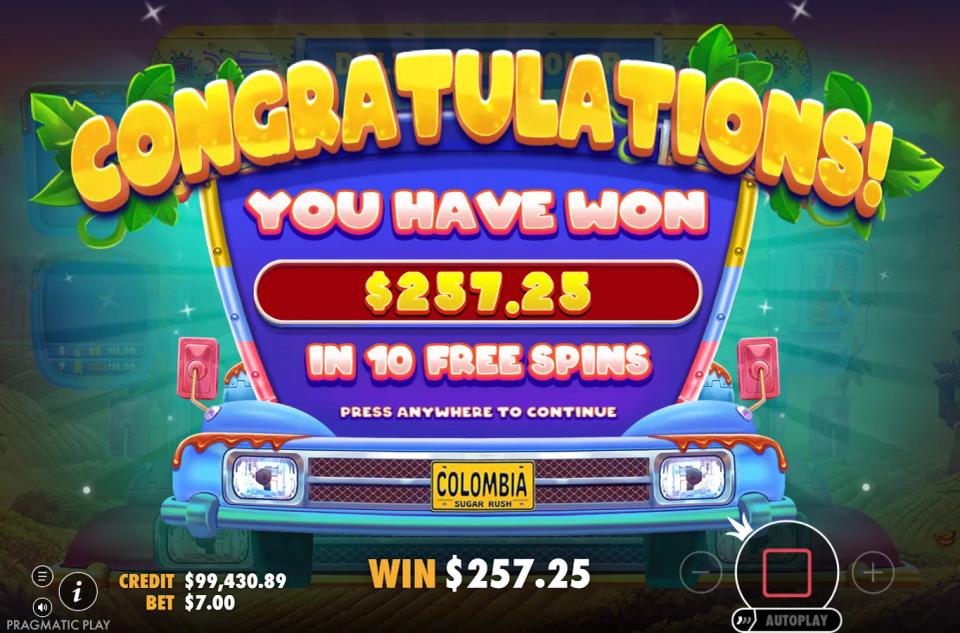 Dulzura Tricolor free spins result card showing 257.25 won in 10 free spins