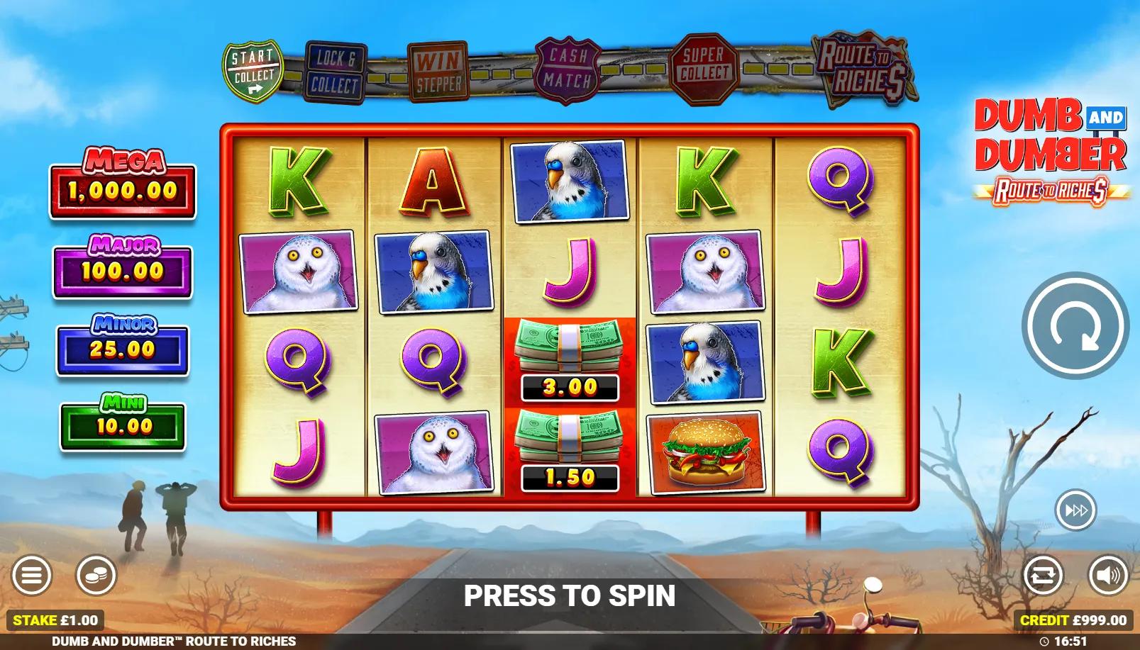 Dumb and Dumber: Route to Riches slot showing 5x4 grid with Harry, Lloyd, Mutt Cutts van and road sign trail