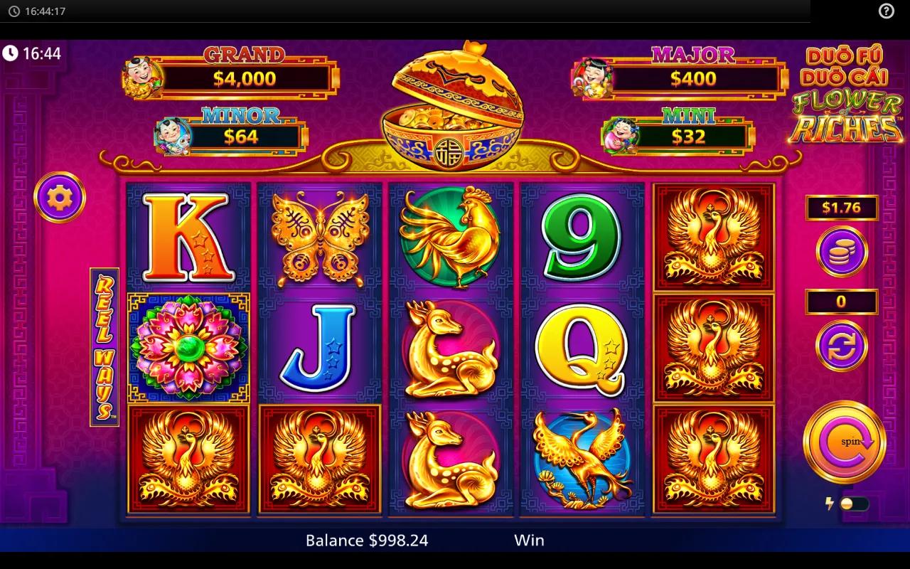 Duo Fu Duo Cai Flower of Riches gameplay showing 5x4 grid with Butterfly and Phoenix symbols and Fu Bat Jackpot meter