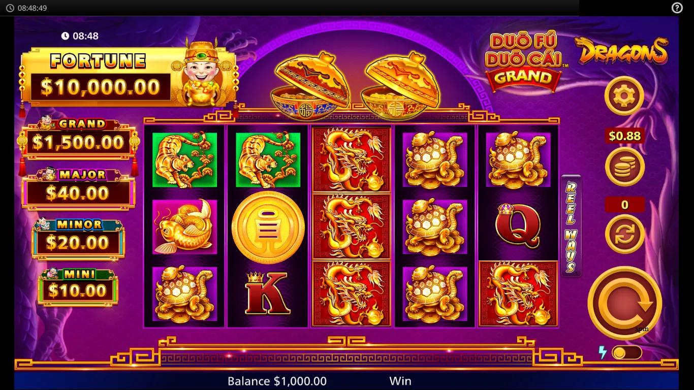 Duo Fu Duo Cai Grand Dragons slot 5x4 reels with gold pagoda frame and jackpot ladder