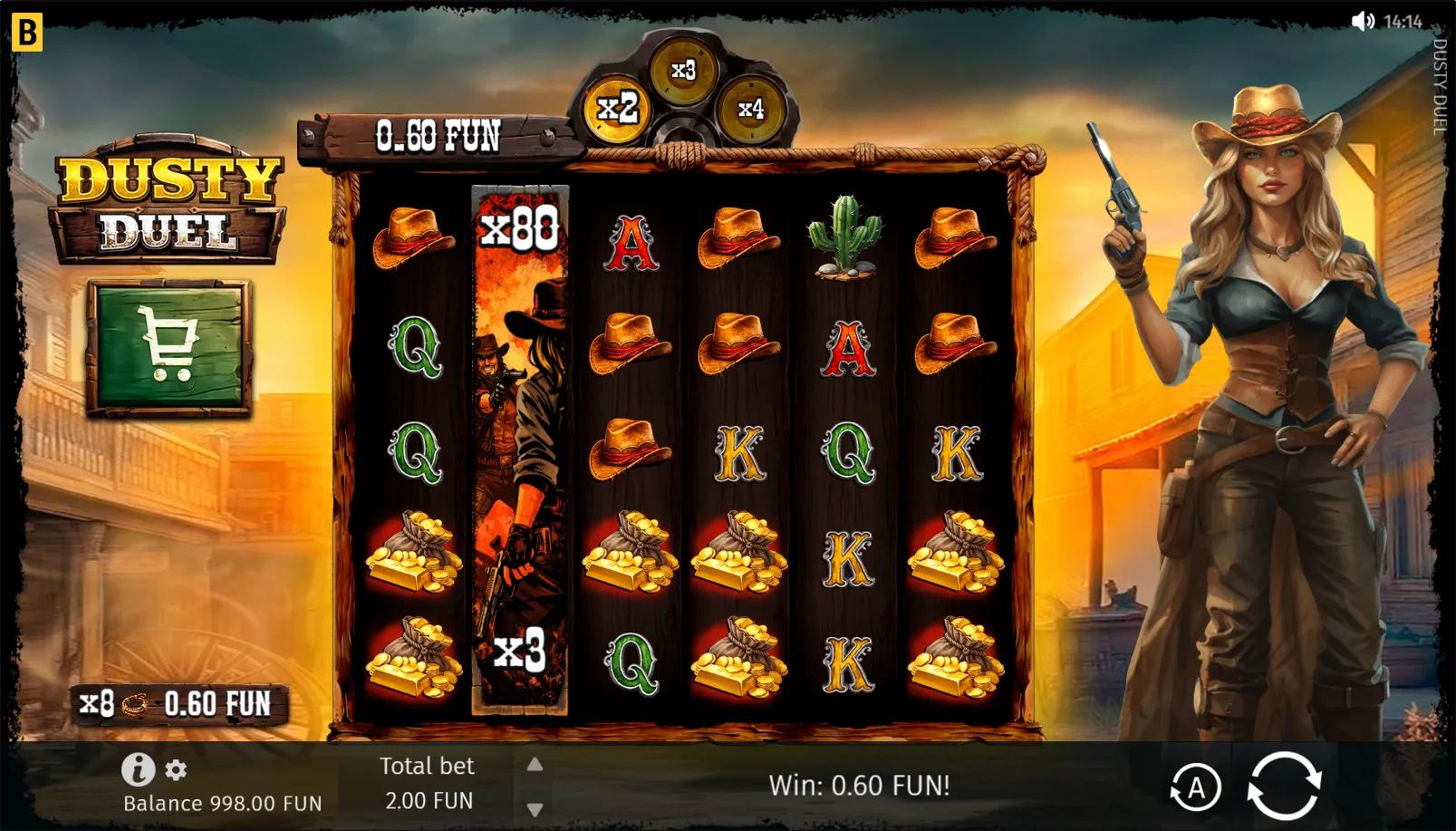 Dusty Duel slot gameplay showing the 6x5 grid with a full-reel gunslinger Mystery Duel and the Multiplier Pool