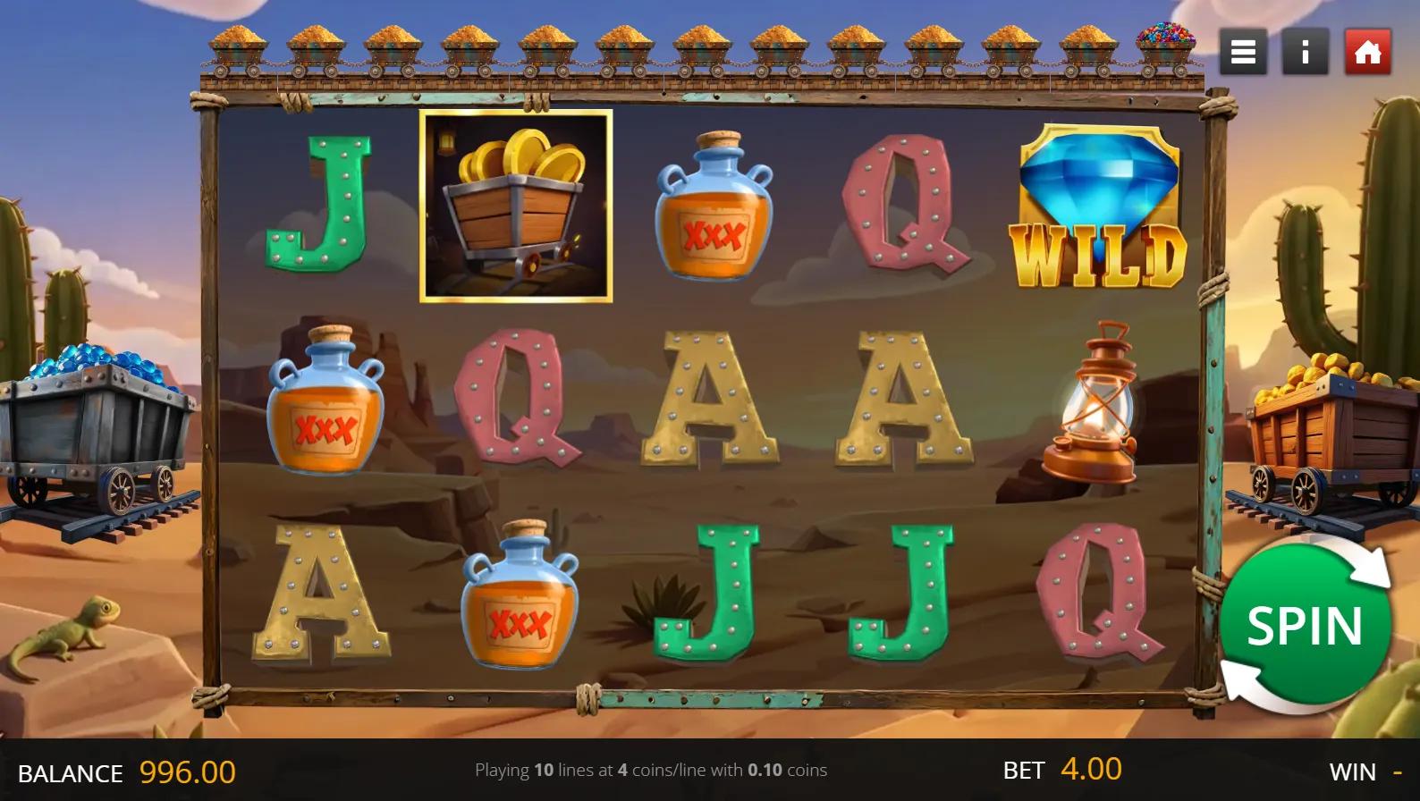 Dusty Nugget slot gameplay showing the 5x3 mine-framed grid with diamond Wild, XXX moonshine jug and gold-cart symbols