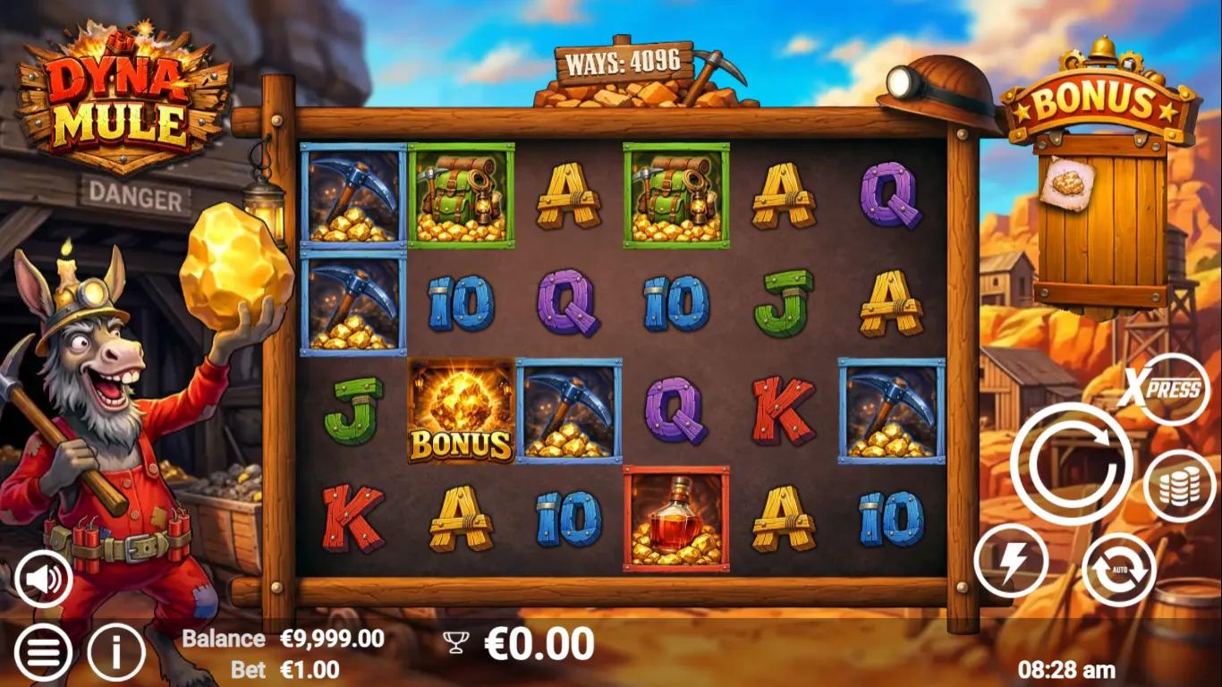 Dyna Mule slot gameplay showing 5x4 grid with 1024 ways and dynamite Wild on western gold-mine reels