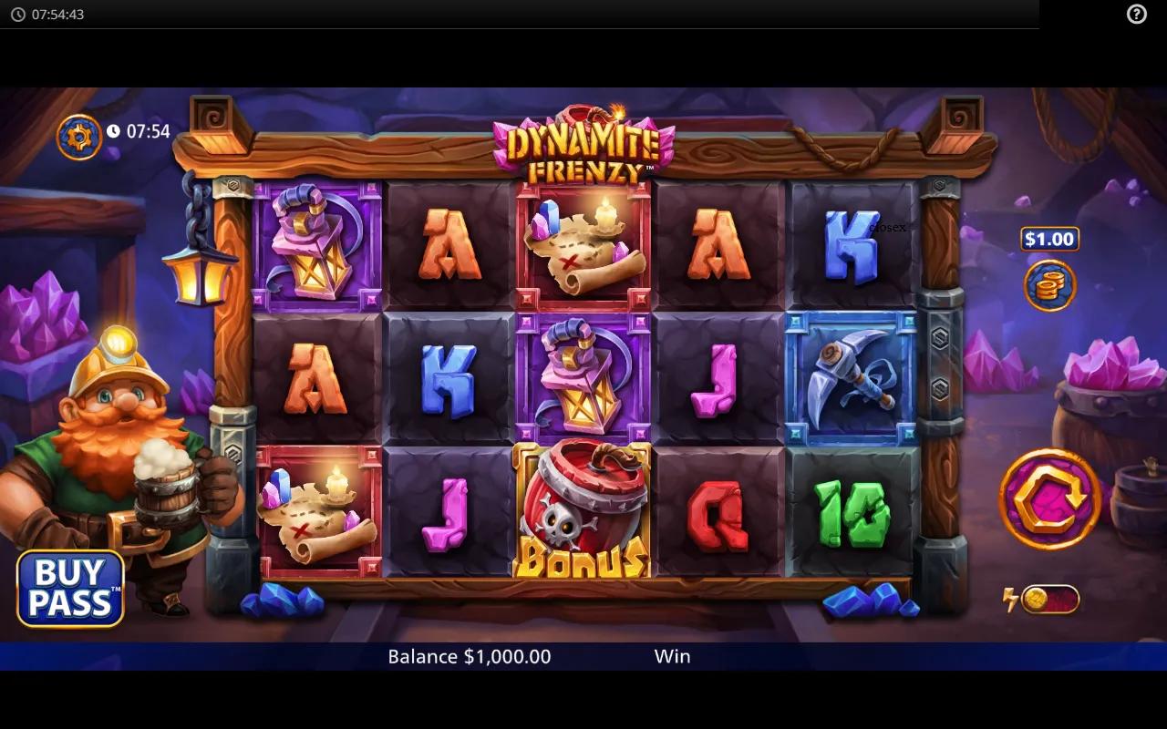 Dynamite Frenzy slot by Light & Wonder, dwarf mining theme with TNT barrels and gold cash symbols on a 5x3 grid