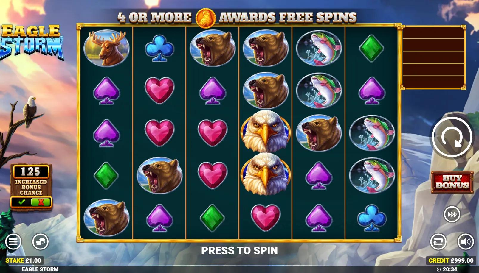 Eagle Storm slot showing 6x5 scatter pays grid with eagle and wildlife symbols against thunderstorm
