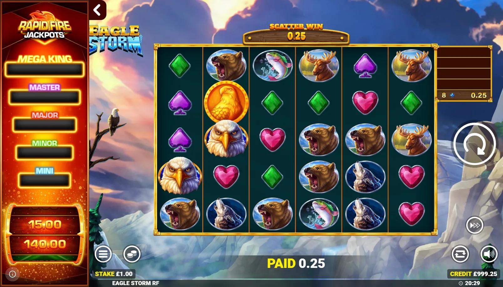 Eagle Storm RFJ slot showing 6x5 scatter pays grid with wildlife symbols and 5-tier Rapid Fire jackpot panel