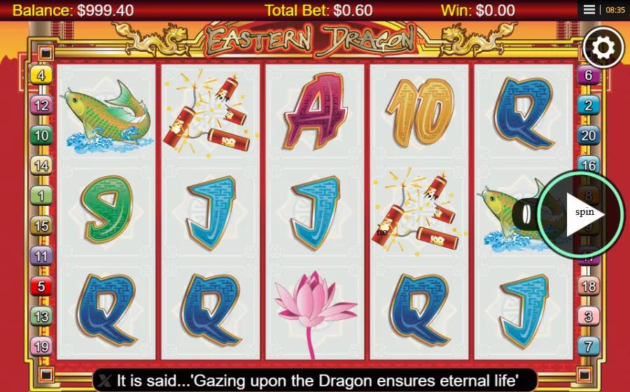 Eastern Dragon slot showing 5x3 red-and-gold grid with leaping koi, fortune lantern and lit firecracker symbols