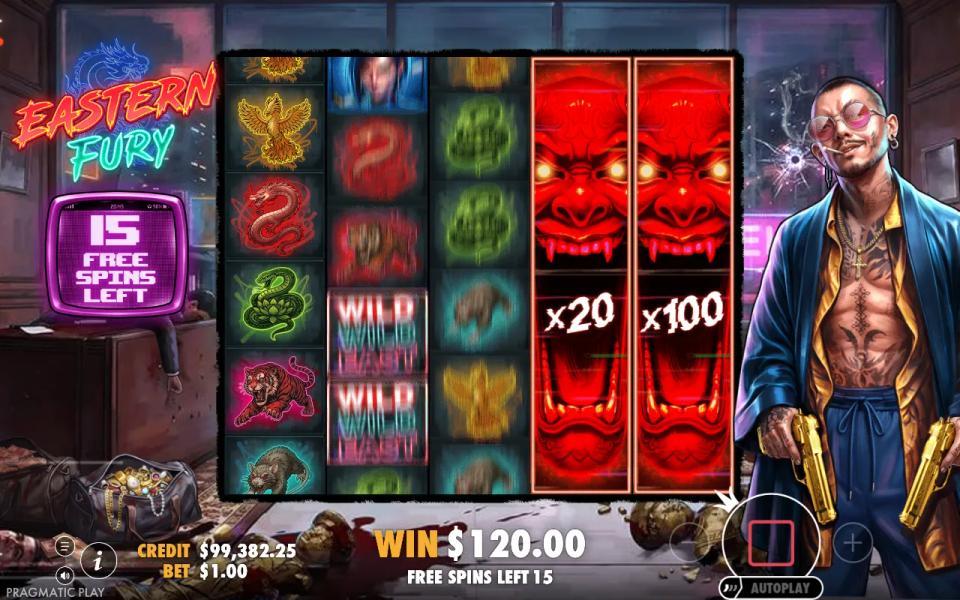 Eastern Fury Super Free Spins with sticky expanding wilds x20 on reel 4 and x100 on reel 5 and a paying line through both