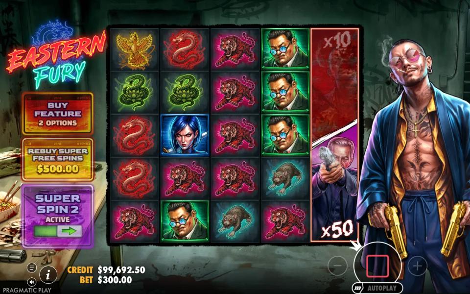 Eastern Fury Super Spin 2 spin with a 50x expanding wild forming on reel 5 while three tigers pay on a diagonal across reels 1 to 3
