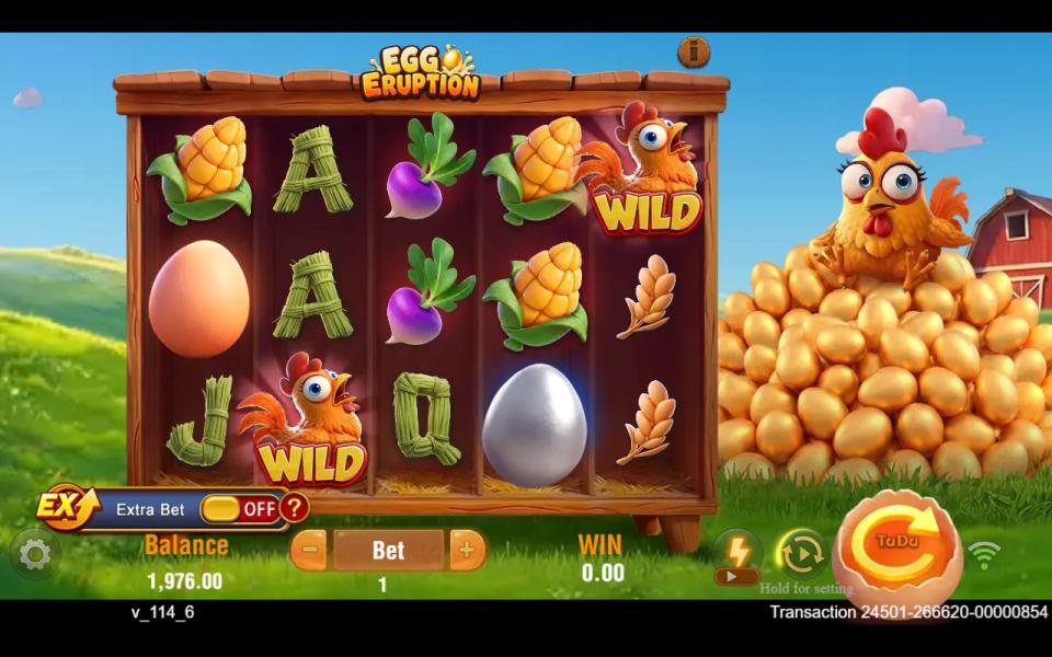 Egg Eruption 5x3 farm board with two WILD hens, a copper egg and a silver egg on the reels, and the hen sitting on a big pile of golden eggs to the right