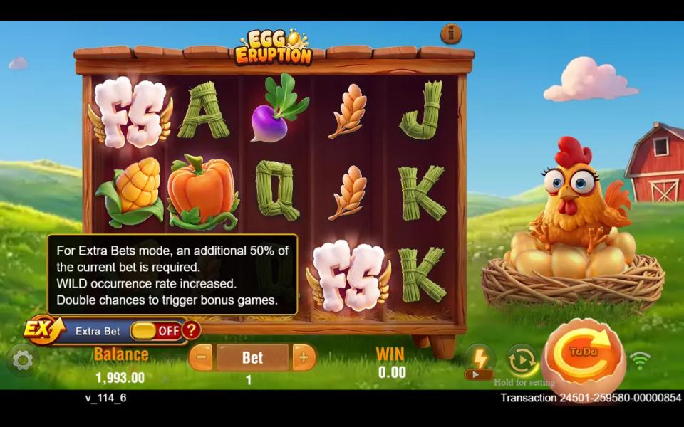 Egg Eruption base board with two FS scatters and the Extra Bet tooltip open, explaining the extra 50% cost, more wilds and double bonus chances