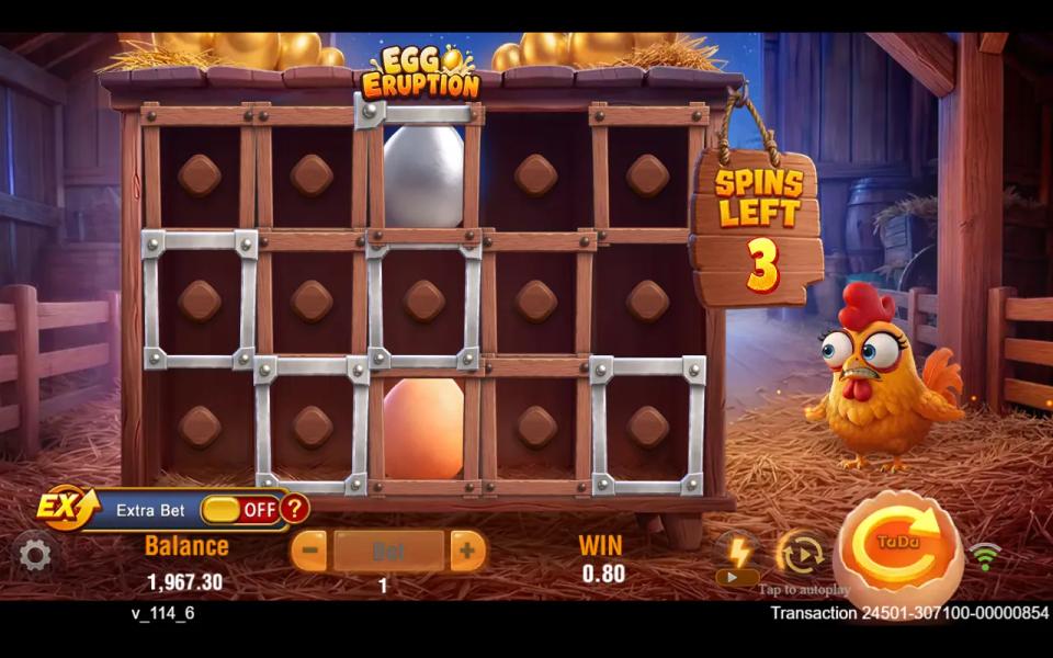 Egg Eruption Hold n Spin in the barn, copper and silver reel frames on the board and the Spins Left sign back at 3