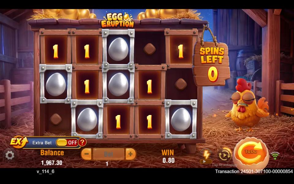 Egg Eruption Hold n Spin at zero spins left, the copper frames open to show their values while the silver frames still hold their eggs