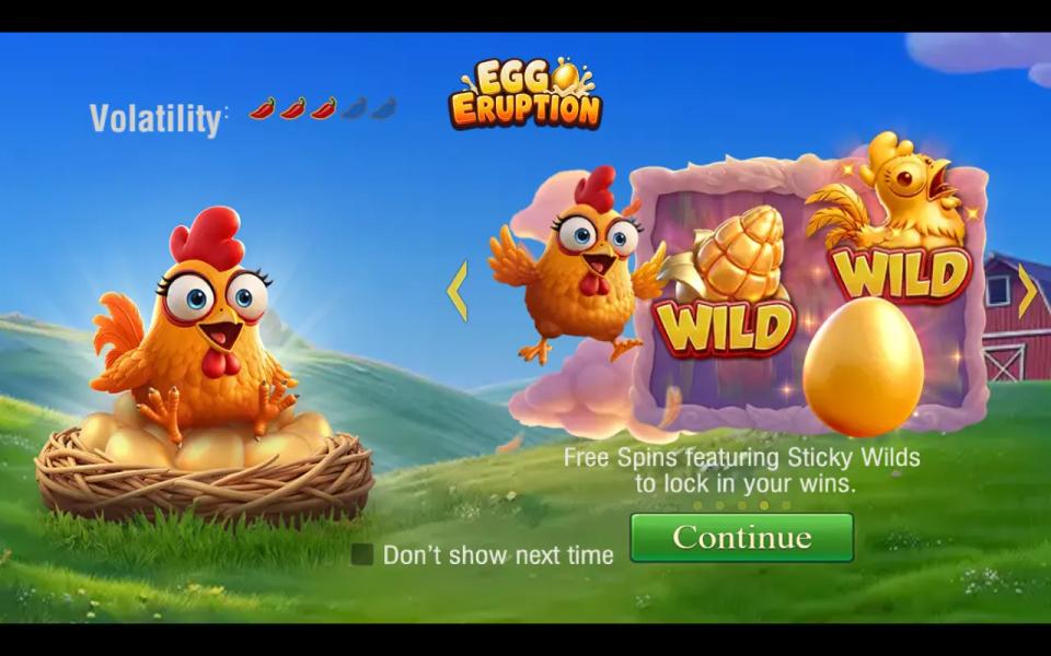 Egg Eruption intro slide showing WILD symbols and a golden egg in a frame with the line Free Spins featuring Sticky Wilds to lock in your wins