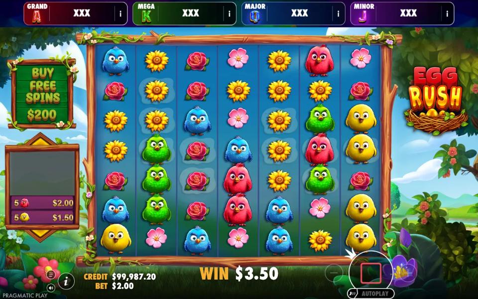 Egg Rush Jackpot Play's 7x7 grid of cartoon birds and flowers in a sunlit garden, two winning blocks paying 3.50 on a 2.00 stake, with the four progressive jackpot tiers reading XXX above the reels