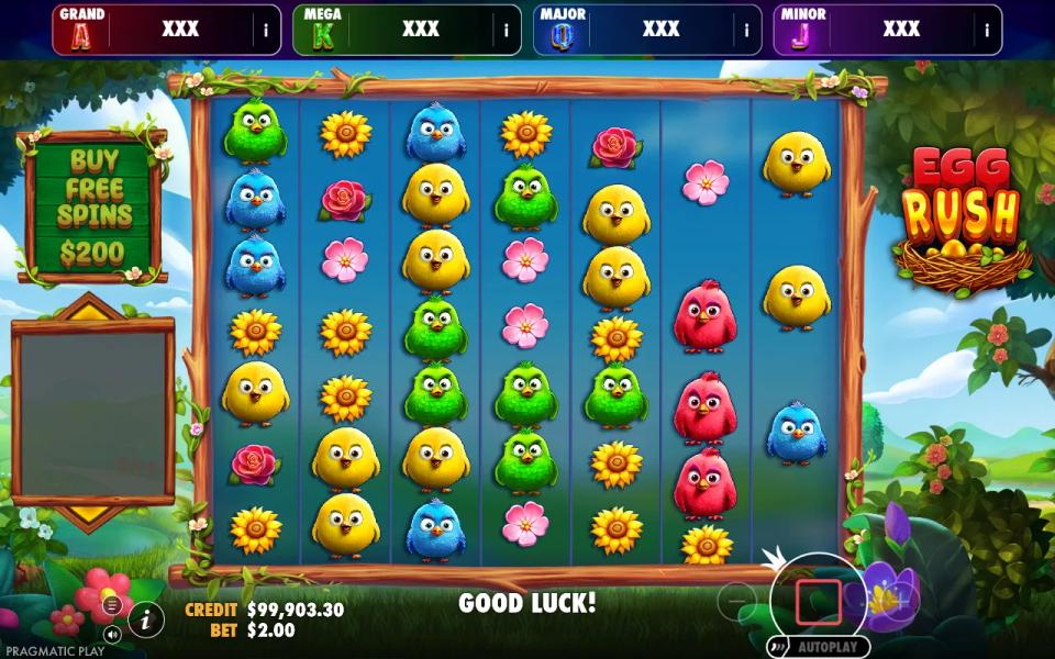 A full 7x7 board of birds and flowers in Egg Rush Jackpot Play with no winning block anywhere and no win amount displayed