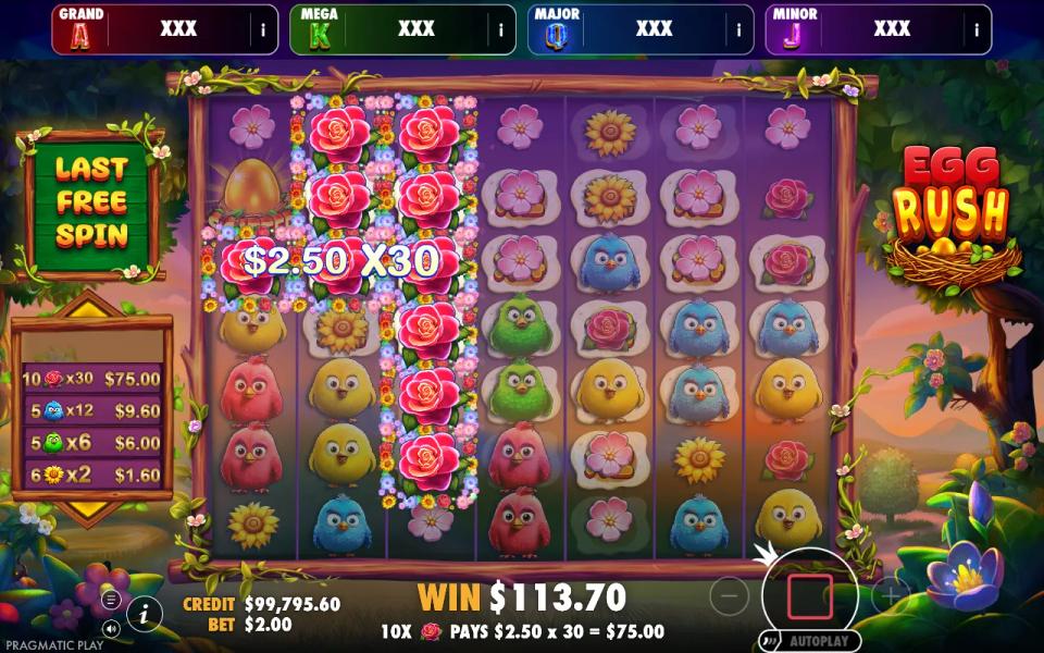 The last free spin of a bought round in Egg Rush Jackpot Play, a column of ten roses paying 2.50 multiplied by 30, the game printing 10X rose pays 2.50 x 30 = 75.00