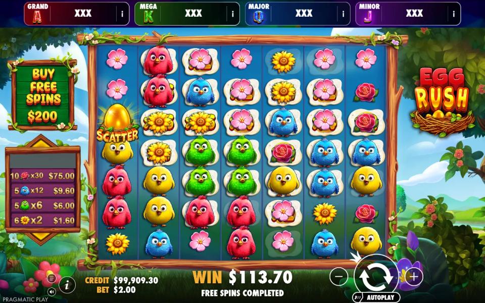 Egg Rush Jackpot Play showing FREE SPINS COMPLETED and a total win of 113.70 on a 2.00 stake, with all four progressive jackpot tiers still reading XXX above the reels