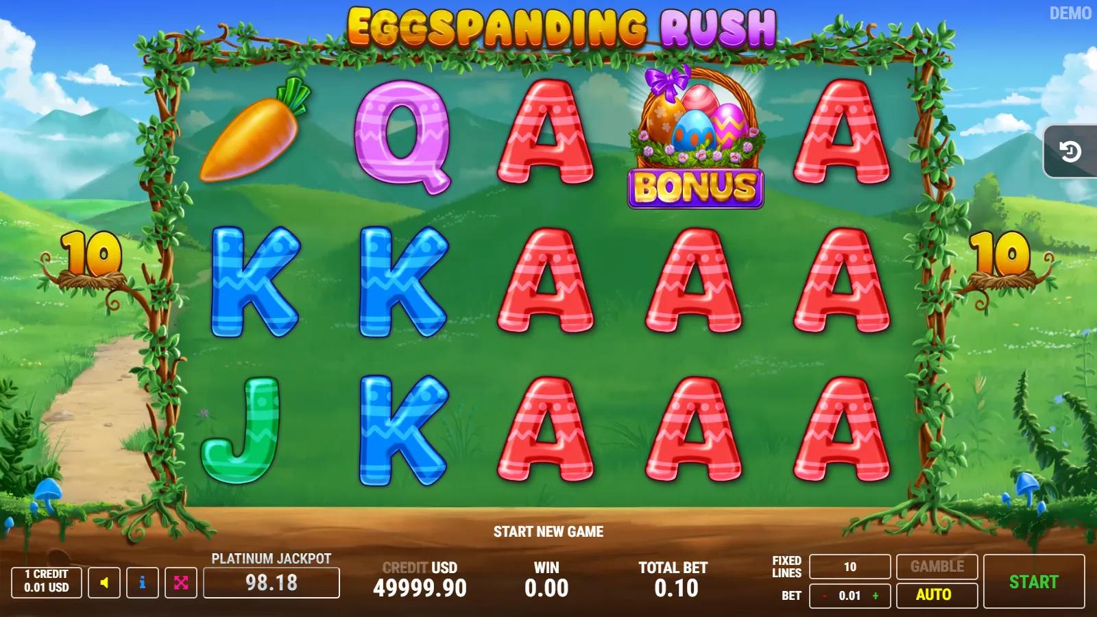 Eggspanding Rush slot gameplay showing 5x3 Easter grid with golden-egg WILD, egg-basket BONUS, bunny and 10 paylines