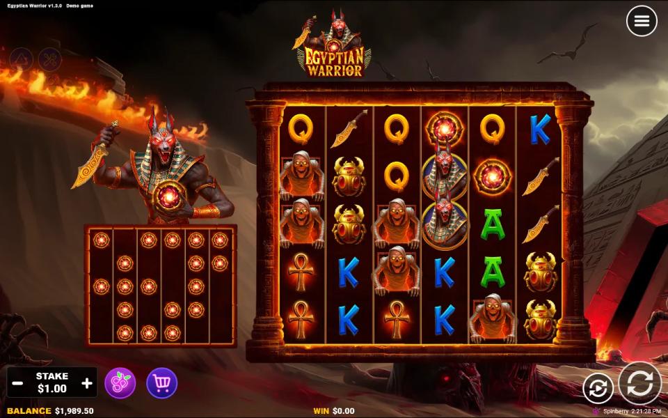 Egyptian Warrior base game with the 30-segment collection meter beside the reels, its lit segments matching the reel positions where orb symbols have landed