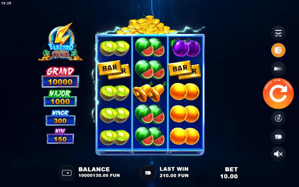 A three-reel five-row fruit board with stacked kiwis and watermelons that do not reach the third reel, beside four jackpot meters