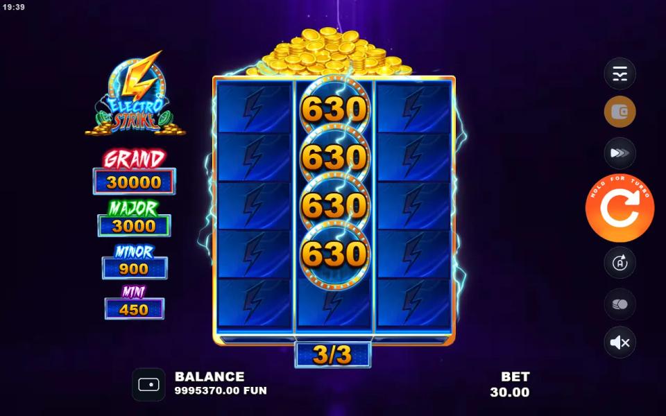 Four Boost medallions stacked on the middle reel, each showing the same collected total, with the respin counter at three of three