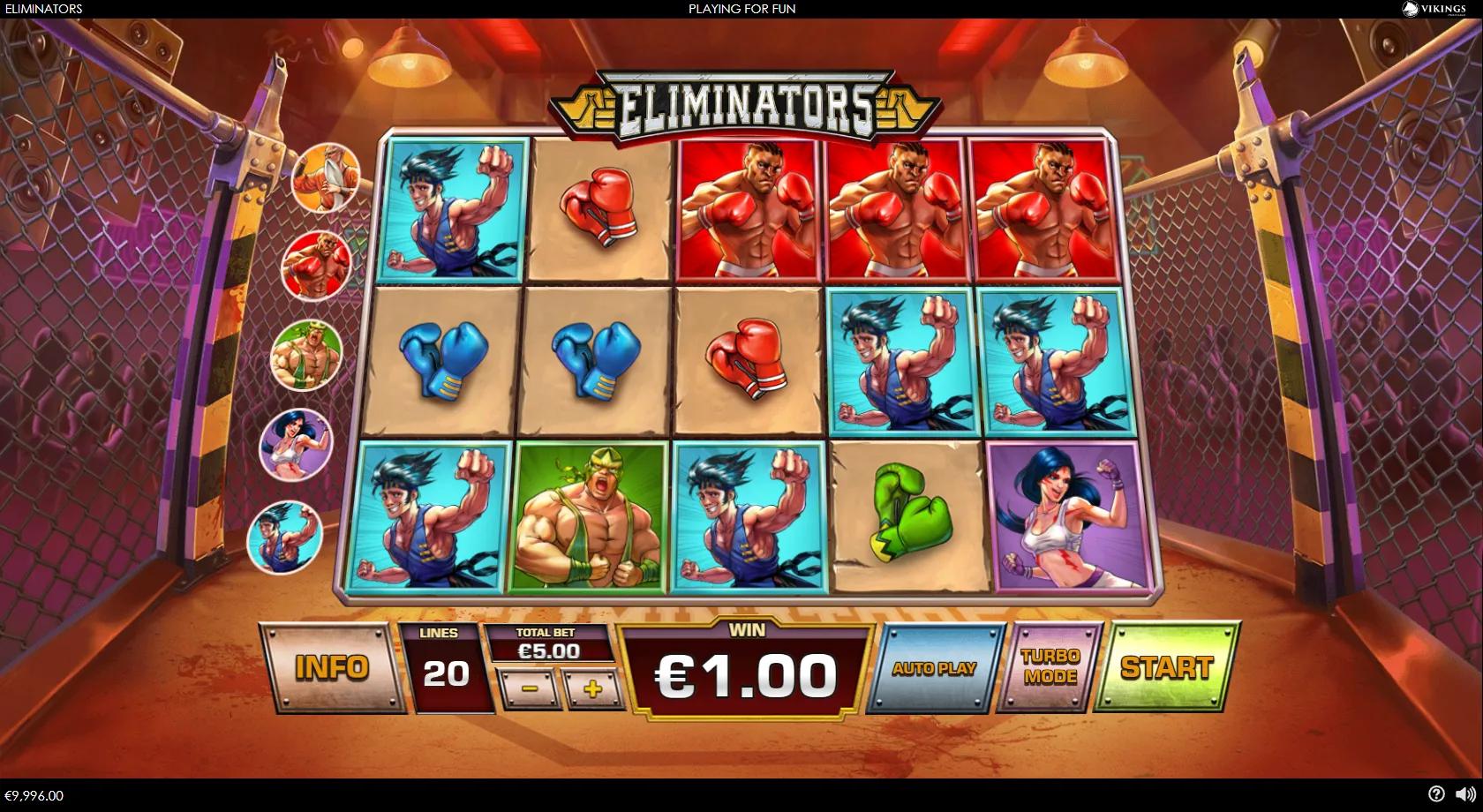 Eliminators 5x3 cage-fight reels with five cartoon fighters (boxer, wrestler, old master) and coloured boxing-glove symbols