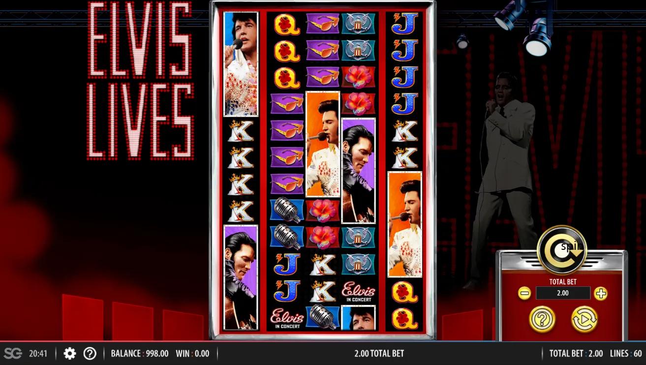 Elvis Lives 5x12 grid with 60 paylines showing comeback Elvis, chrome microphone and the TCB lightning badge