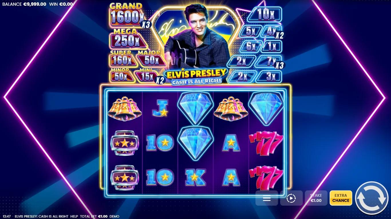 Elvis Presley Cash is All Right gameplay showing 5x3 neon grid with Diamond symbols and Cash Prize meter above the reels
