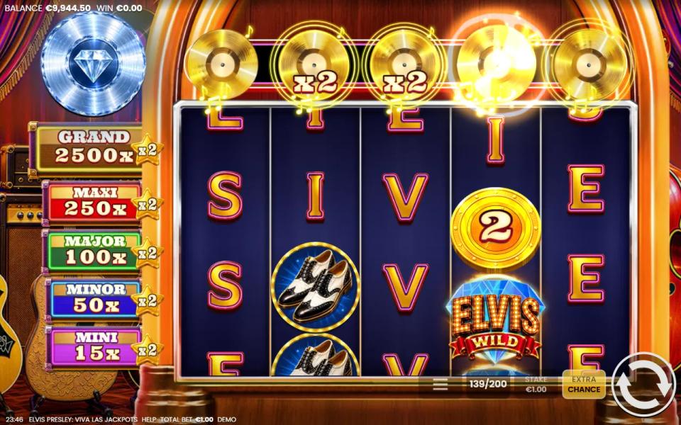 Level 4 of the Elvis Progress: the Diamond Elvis Record top left, gold Records with x2 badges and x2 stars on all five jackpots