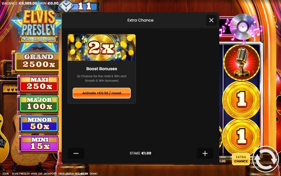 The Extra Chance card offering Boost Bonuses, 2x chance for the Hold & Win and Smash & Win bonuses for half a stake more per round