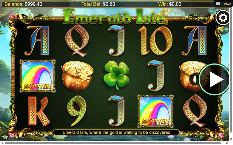 Emerald Isle slot showing 5x3 grid with two Rainbow scatters, a pot of gold, four-leaf clover and Celtic card royals