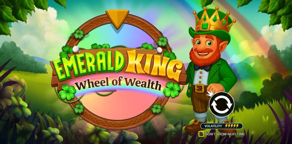 Emerald King - Wheel of Wealth intro screen with the leprechaun beside a wooden wheel frame and a volatility meter showing five bolts