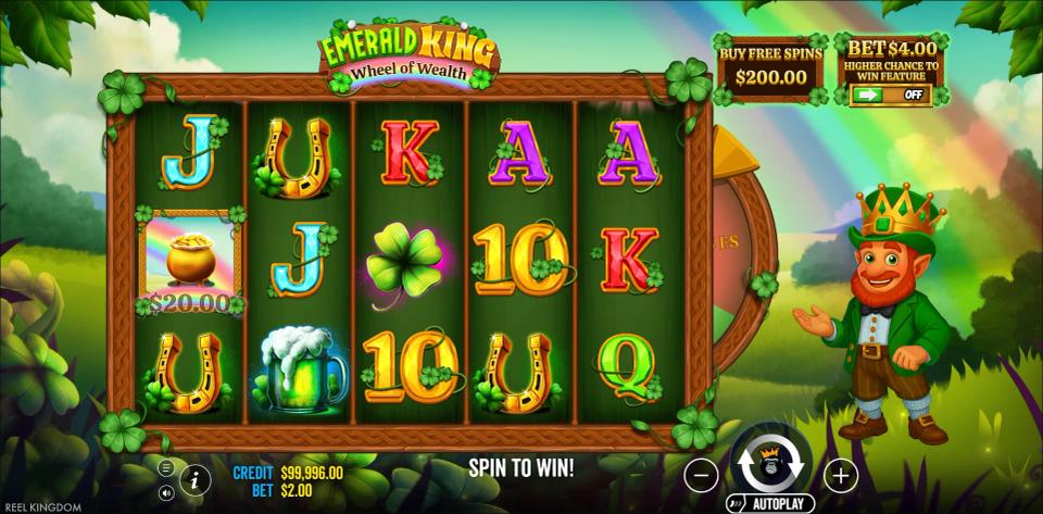A base spin on the 5x3 grid with low card symbols, a clover and a single gold pot marked $20.00 on the second reel, and no winning line