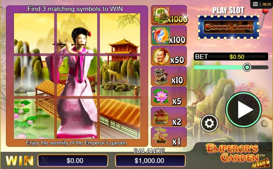 Emperor's Garden Scratch gameplay showing 3x3 scratch grid with geisha artwork and x1000 to x1 prize ladder