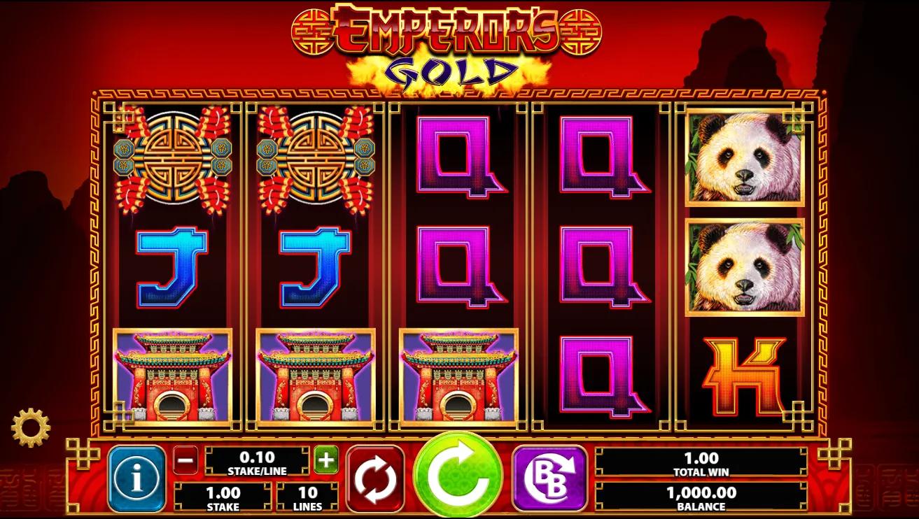 Emperor's Gold gameplay: 5x3 grid with tiger and panda symbols on red-and-gold Oriental reels