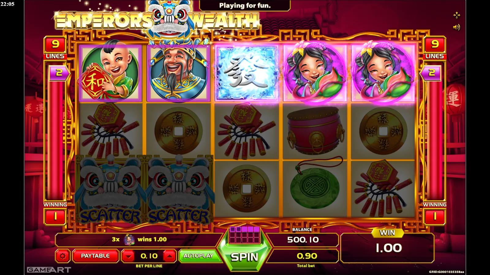 Emperors Wealth slot gameplay showing the 5x3 reels with Chinese emperor symbols, gold coins and a prosperity wild