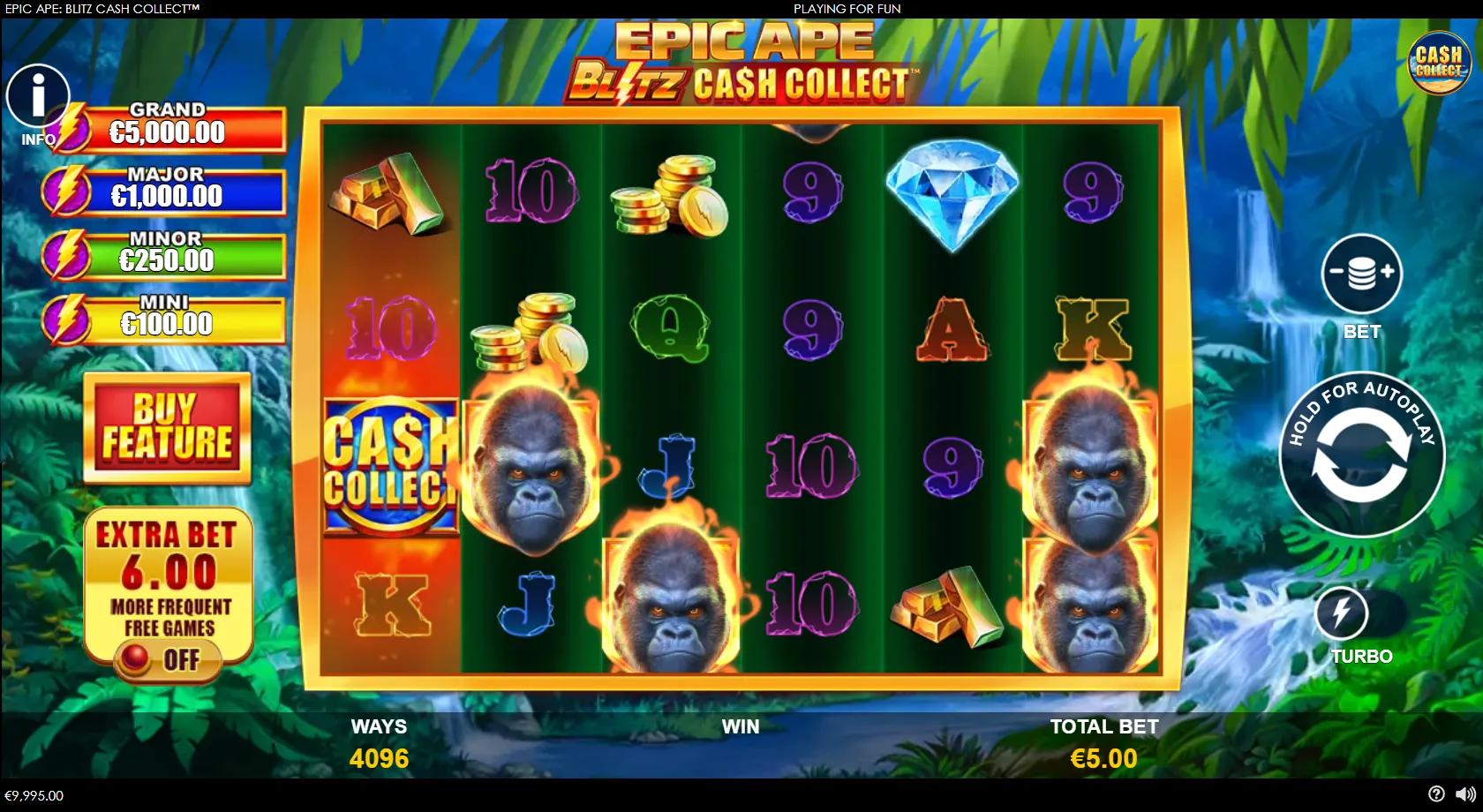 Epic Ape Blitz Cash Collect slot gameplay showing 6x4 4096-ways jungle grid with gorilla, diamond and Cash Collect symbols
