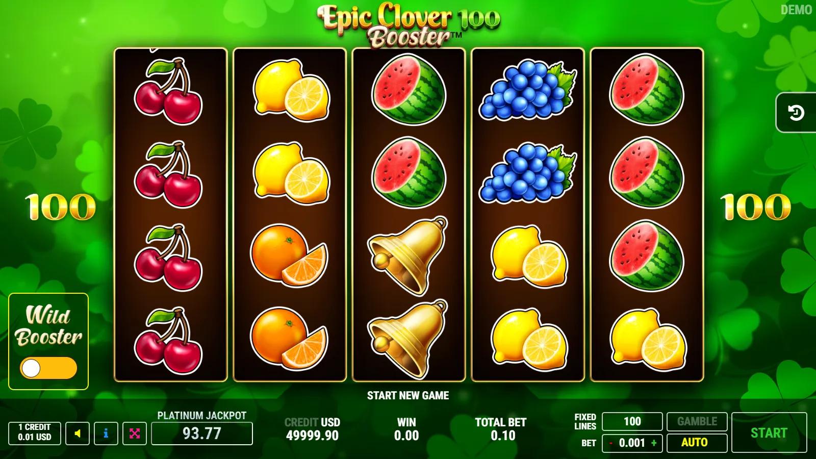 Epic Clover 100 Booster slot gameplay showing 5x4 fruit grid with clover Expanding Wild, star scatters and 100 lines
