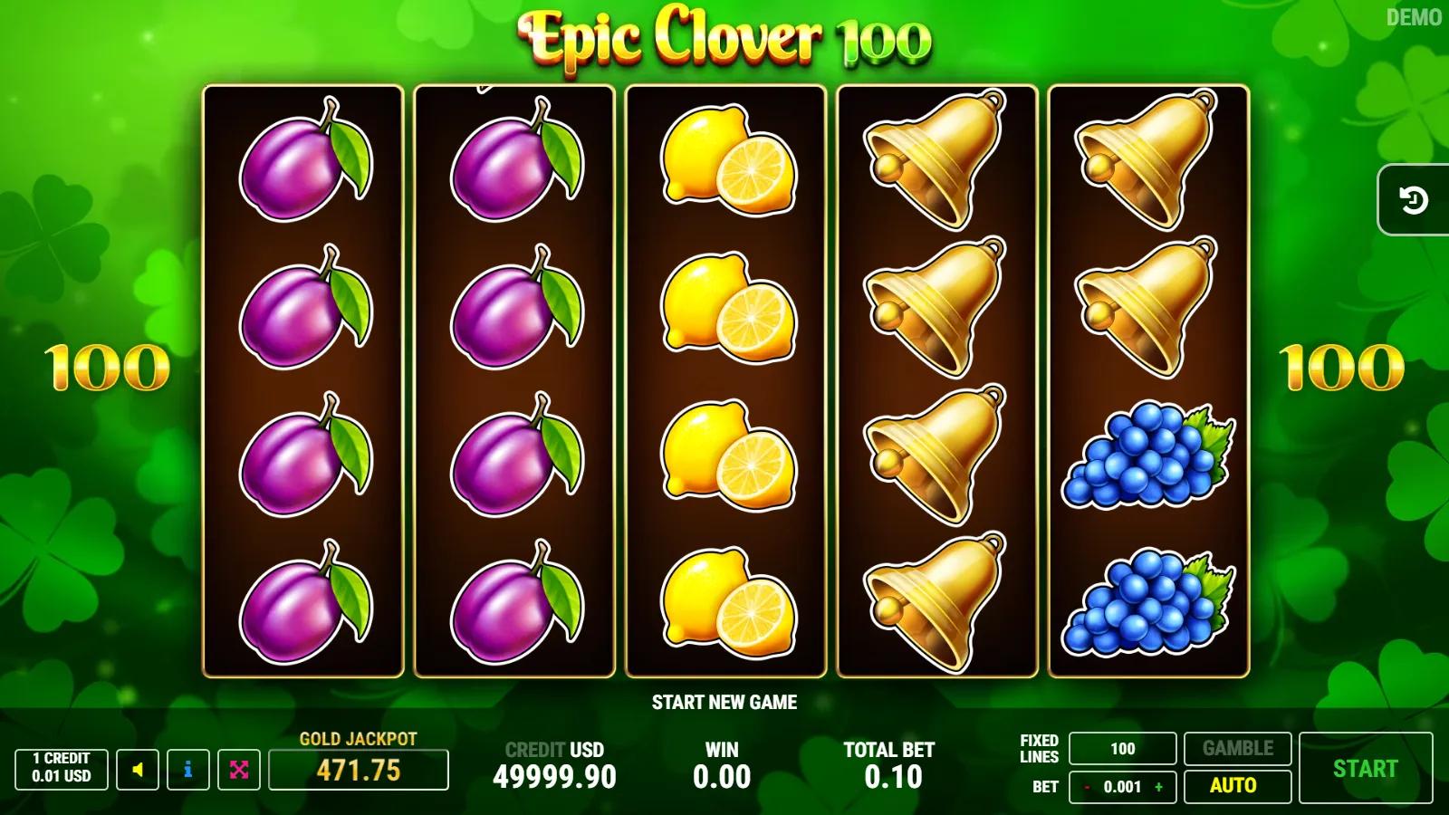 Epic Clover 100 slot gameplay showing 5x4 fruit grid with green clover wild, gold star scatter, red 7 and 100 paylines