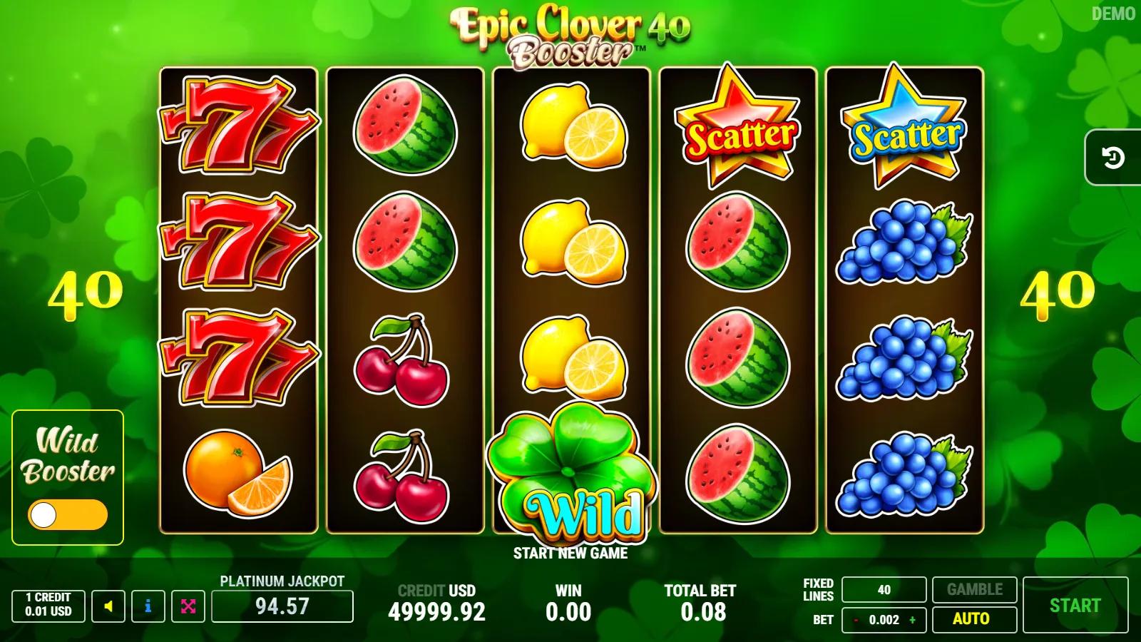 Epic Clover 40 Booster slot gameplay showing 5x3 fruit grid with clover Expanding Wild, star scatters and 40 lines