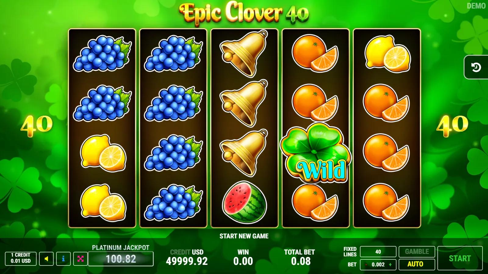 Epic Clover 40 slot gameplay showing 5x4 clover fruit grid with expanding clover wild, gold star scatter and red 7