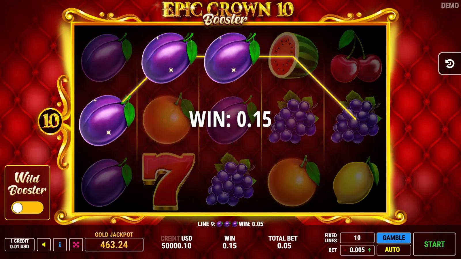 Epic Crown 10 Booster slot gameplay showing 5x3 royal fruit grid with crown Expanding Wild, star scatters and 10 lines