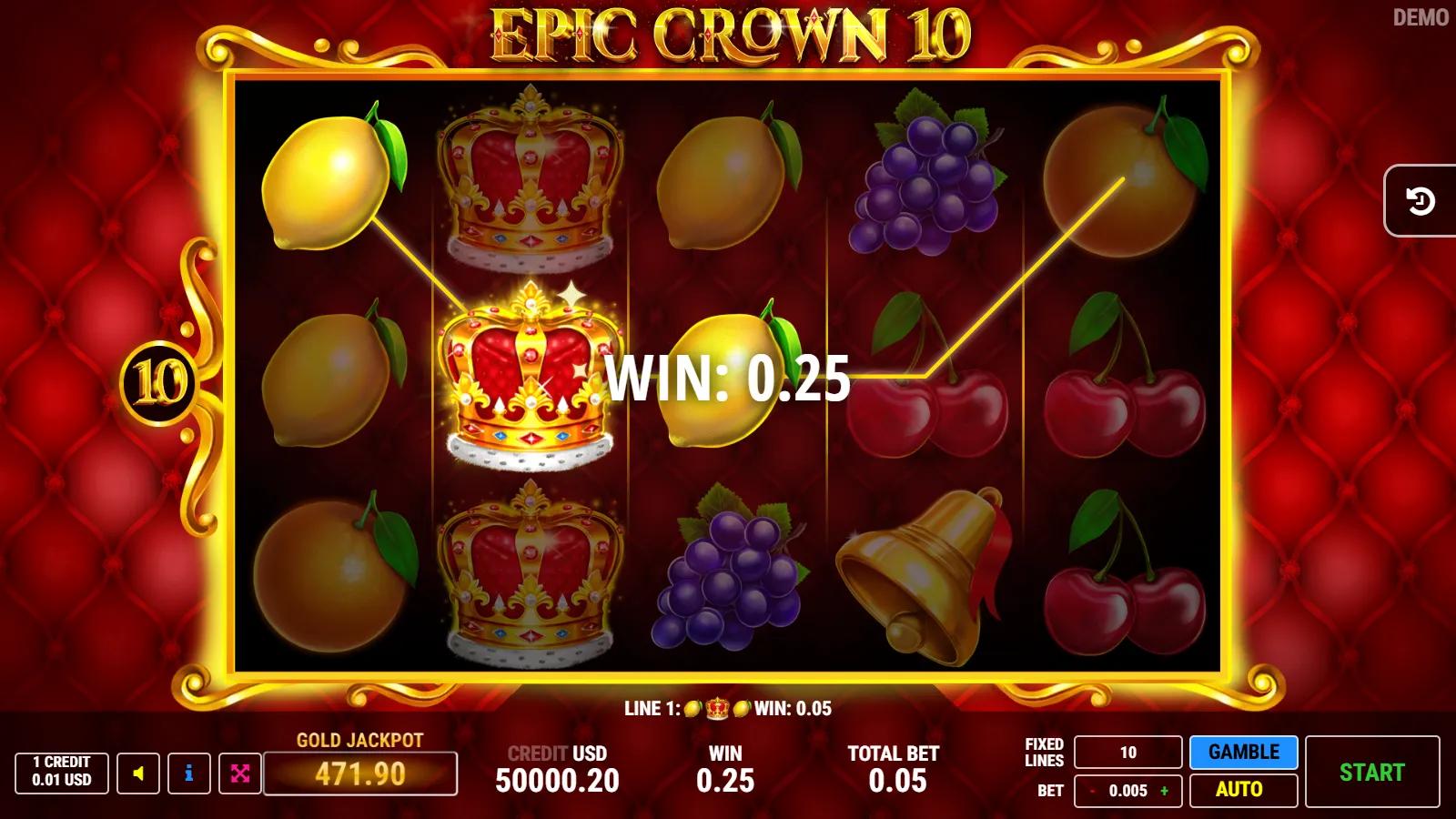 Epic Crown 10 slot gameplay showing 5x3 fruit grid with expanding crown wild, gold star scatter, red 7 and 10 paylines