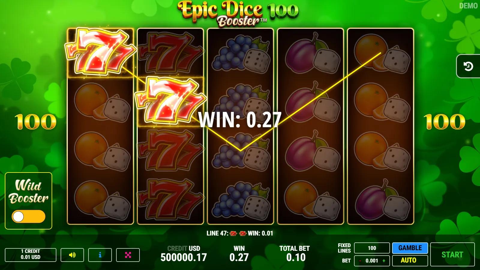 Epic Dice 100 Booster slot gameplay showing the 5x4 dice-fruit grid with a winning line of red 7s and the Wild Booster toggle