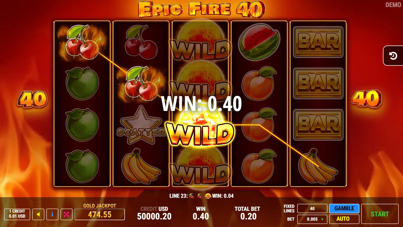 Epic Fire 40 slot gameplay showing 5x4 flaming fruit grid with fire-sun expanding wild, gold star scatter and flaming 7s