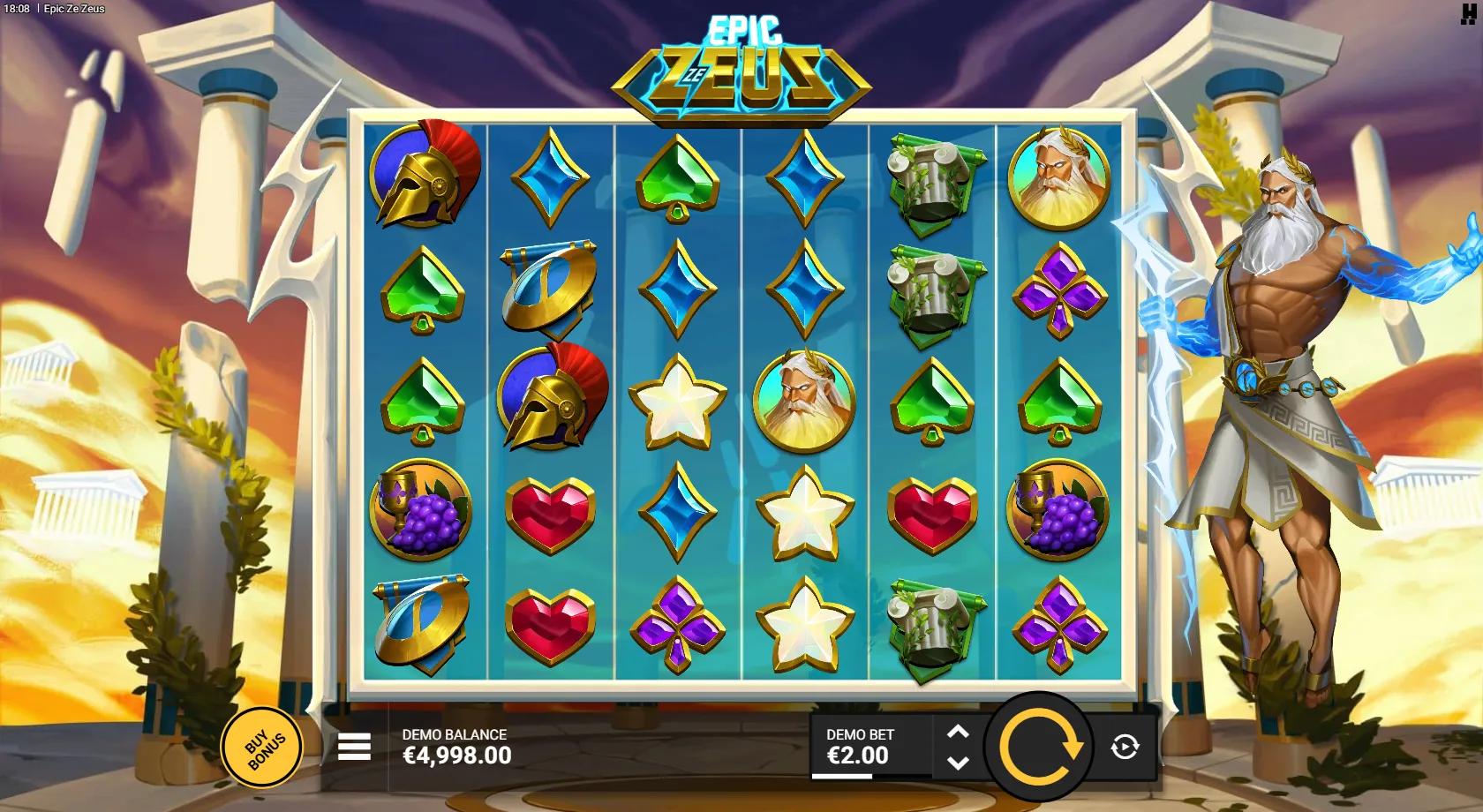 Epic Ze Zeus slot gameplay showing 6x5 pay-anywhere grid with Greek gem and Spartan helmet symbols and Zeus wielding lightning